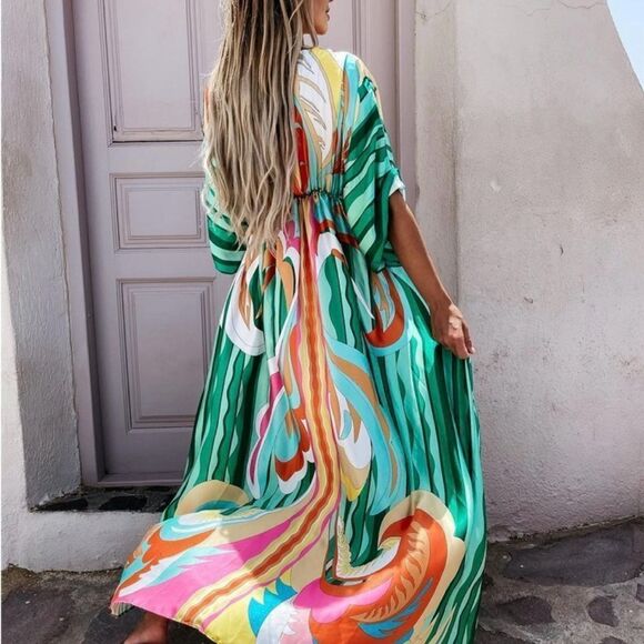 Flax Maker‎ V-neck Short Sleeve Printed Dress Green NWT IN PACKAGE - Picture 2 of 8